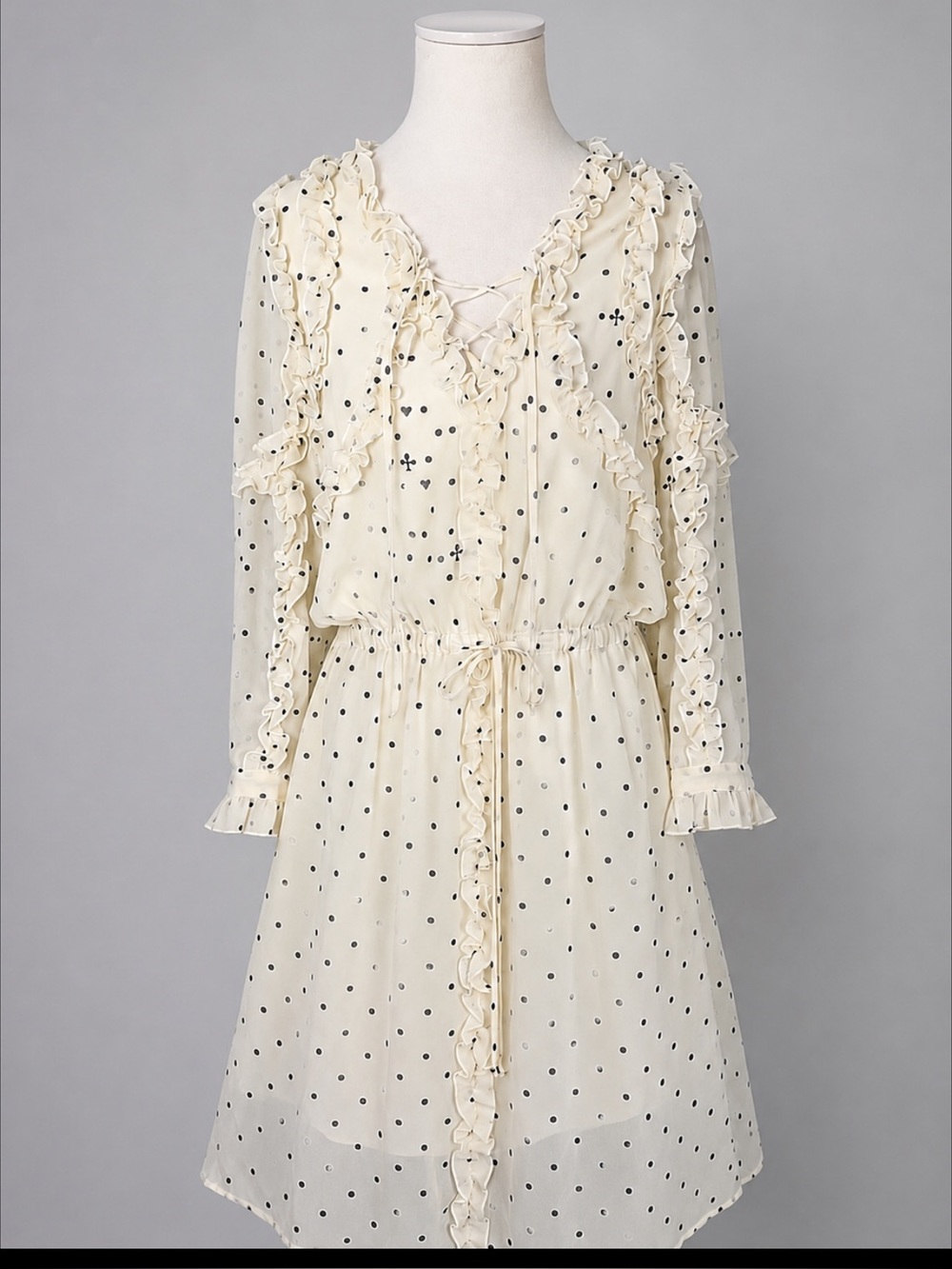 Koché Collective Paris Ivory & Navy Polka Dot Ruffle Dress EU 42 (Approx. US 10